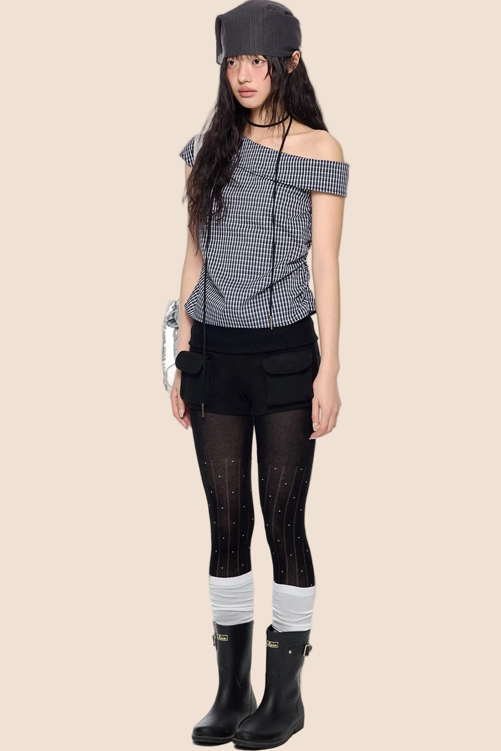 Plaid One-Shoulder Retro Top