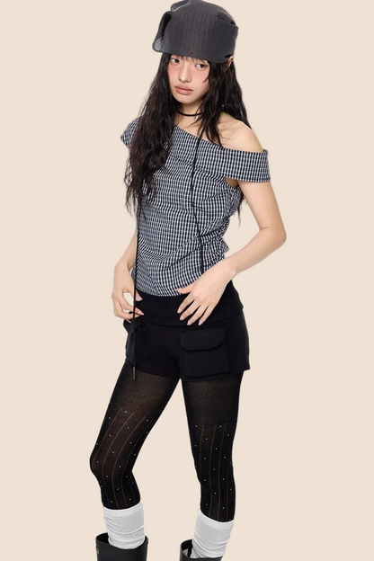 Plaid One-Shoulder Retro Top