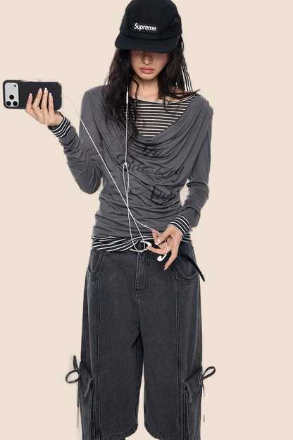 Long Sleeve Swing Collar Printed Top