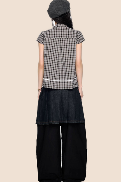 Plaid Bow Tie Color-Block T-Shirt