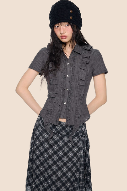 Striped Ruffle Tie Short Sleeve Blouse