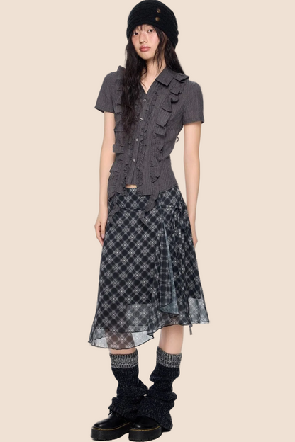 Striped Ruffle Tie Short Sleeve Blouse