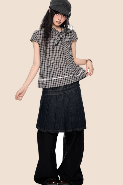Plaid Bow Tie Color-Block T-Shirt