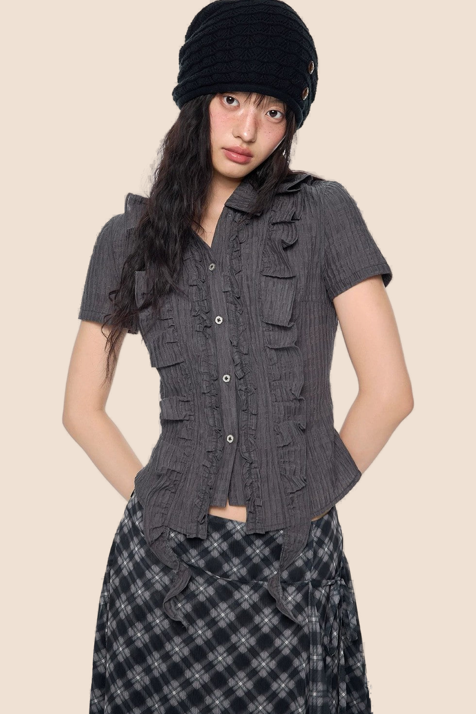 Striped Ruffle Tie Short Sleeve Blouse
