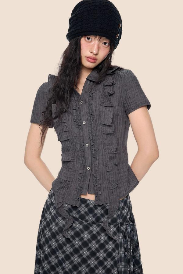Striped Ruffle Tie Short Sleeve Blouse