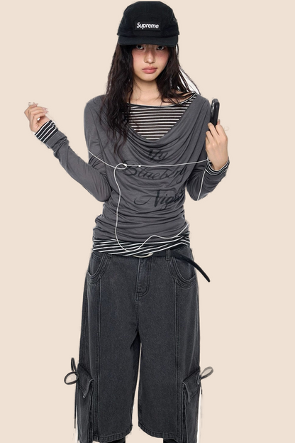 Long Sleeve Swing Collar Printed Top