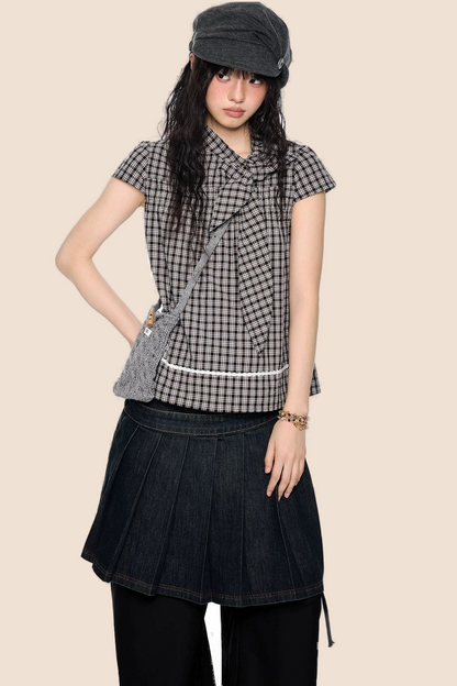 Plaid Bow Tie Color-Block T-Shirt