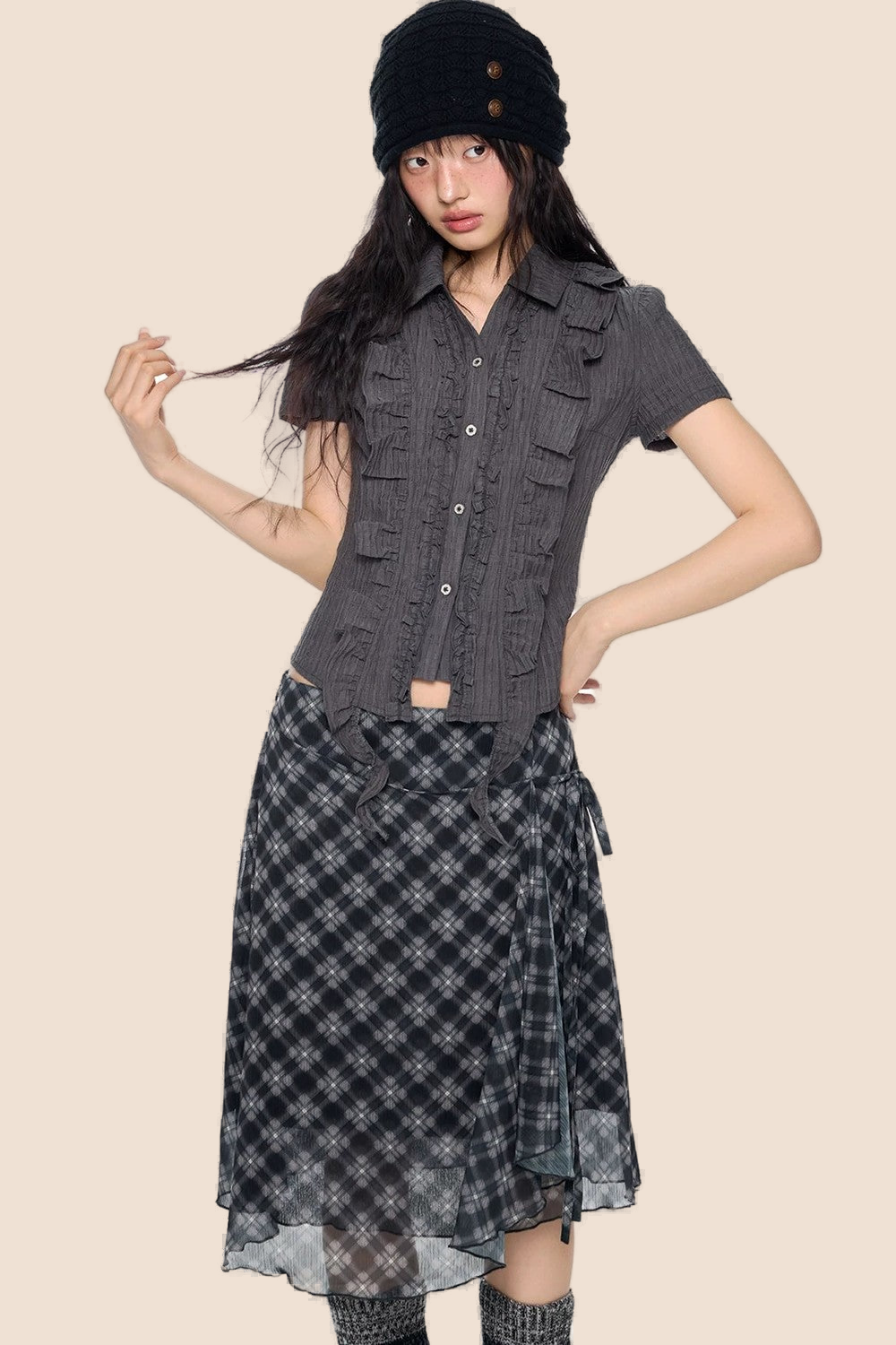 Striped Ruffle Tie Short Sleeve Blouse