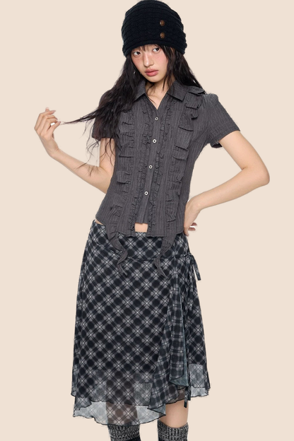 Striped Ruffle Tie Short Sleeve Blouse