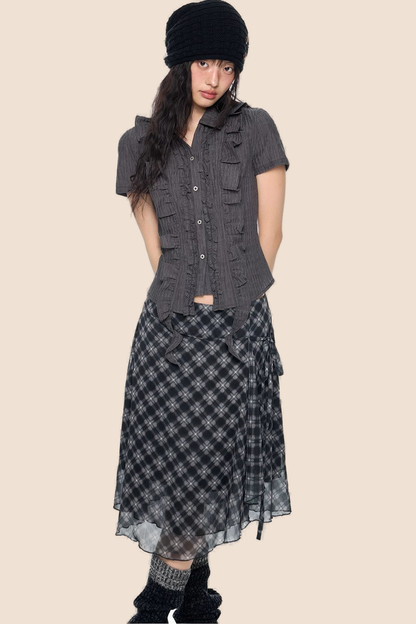 Striped Ruffle Tie Short Sleeve Blouse