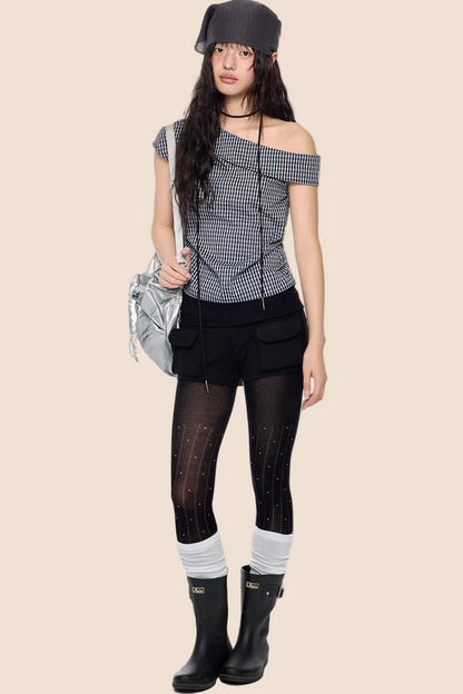 Plaid One-Shoulder Retro Top