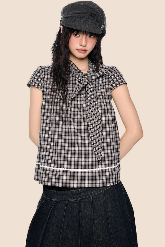 Plaid Bow Tie Color-Block T-Shirt