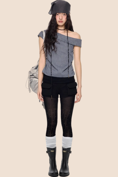 Plaid One-Shoulder Retro Top