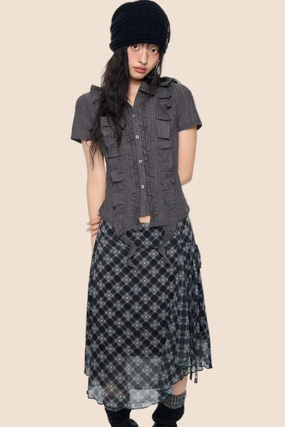 Striped Ruffle Tie Short Sleeve Blouse