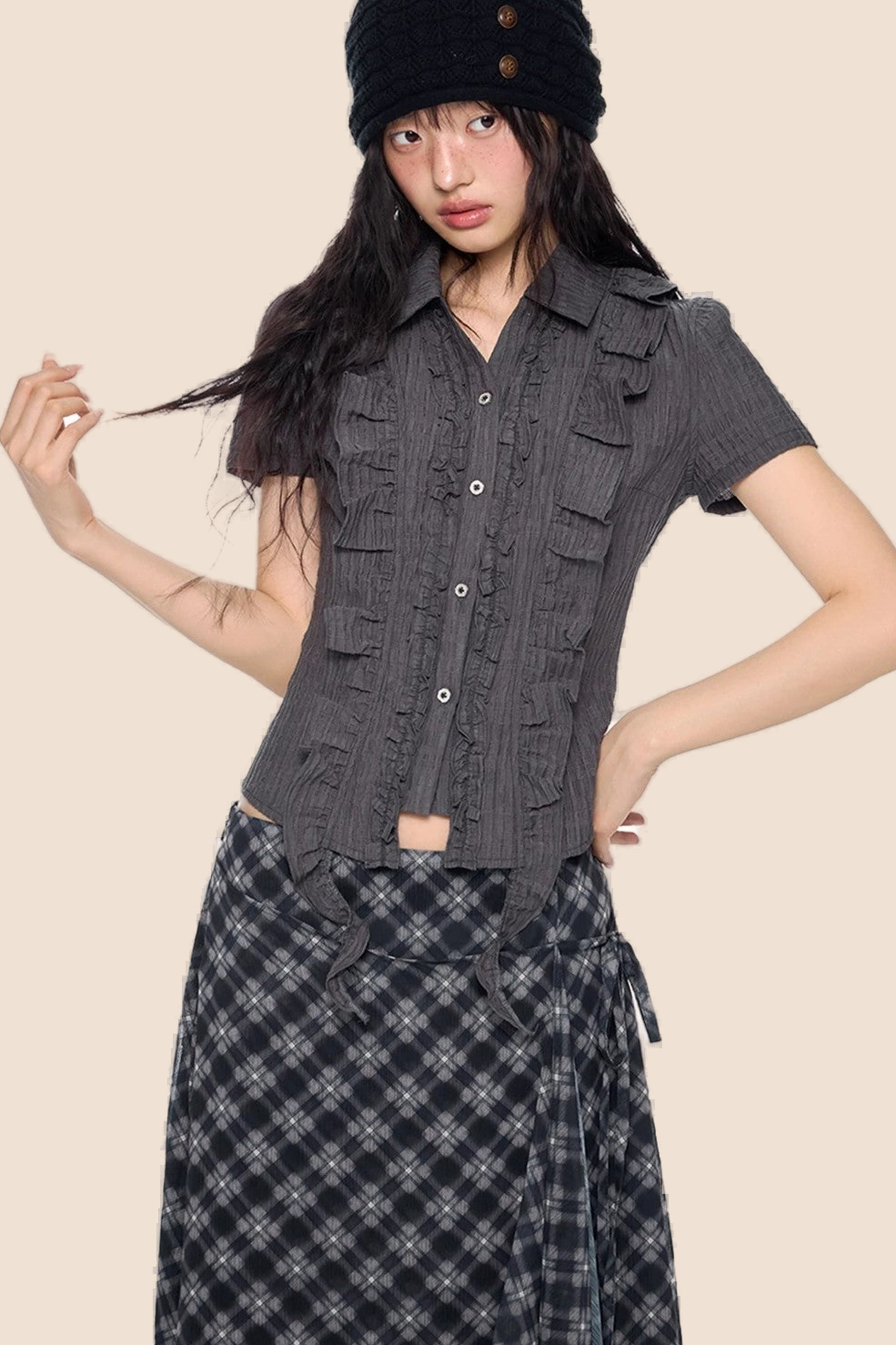 Striped Ruffle Tie Short Sleeve Blouse