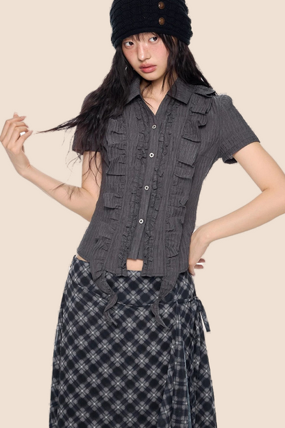 Striped Ruffle Tie Short Sleeve Blouse
