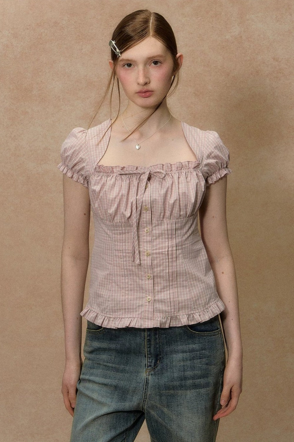 Plaid Puff Sleeve Ruched Top