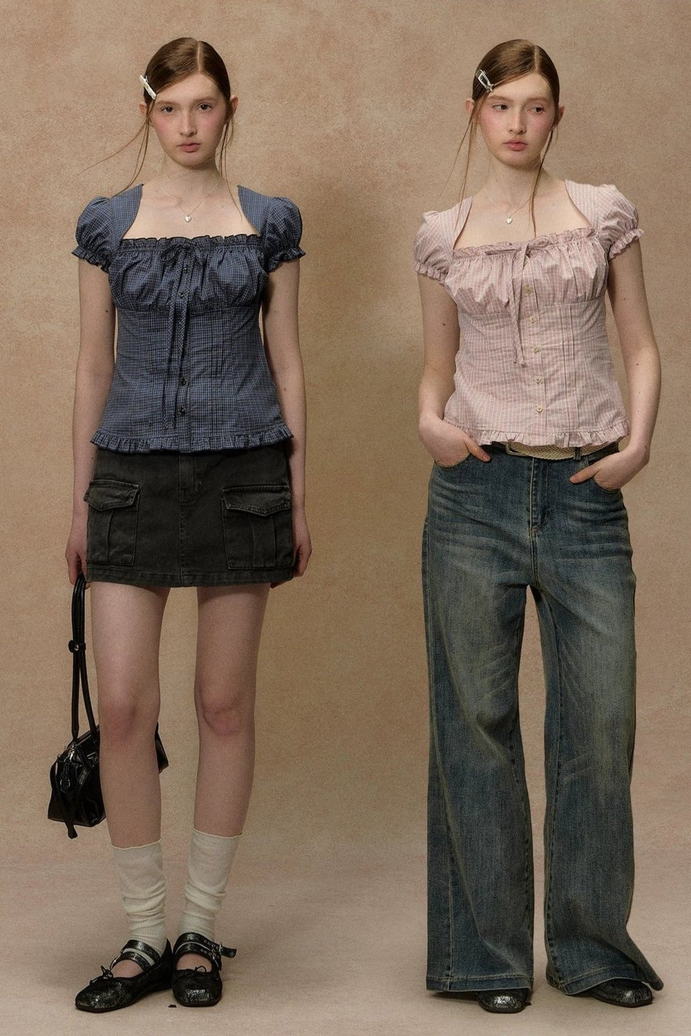 Plaid Puff Sleeve Ruched Top