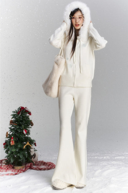 Embroidered Hooded Fur Collar Cardigan Jacket Set-Up