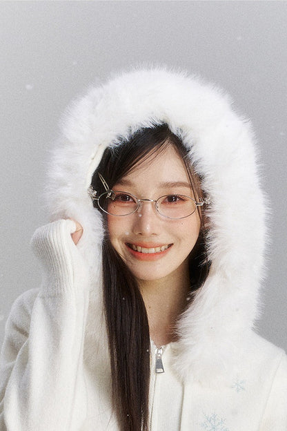 Embroidered Hooded Fur Collar Cardigan Jacket Set-Up