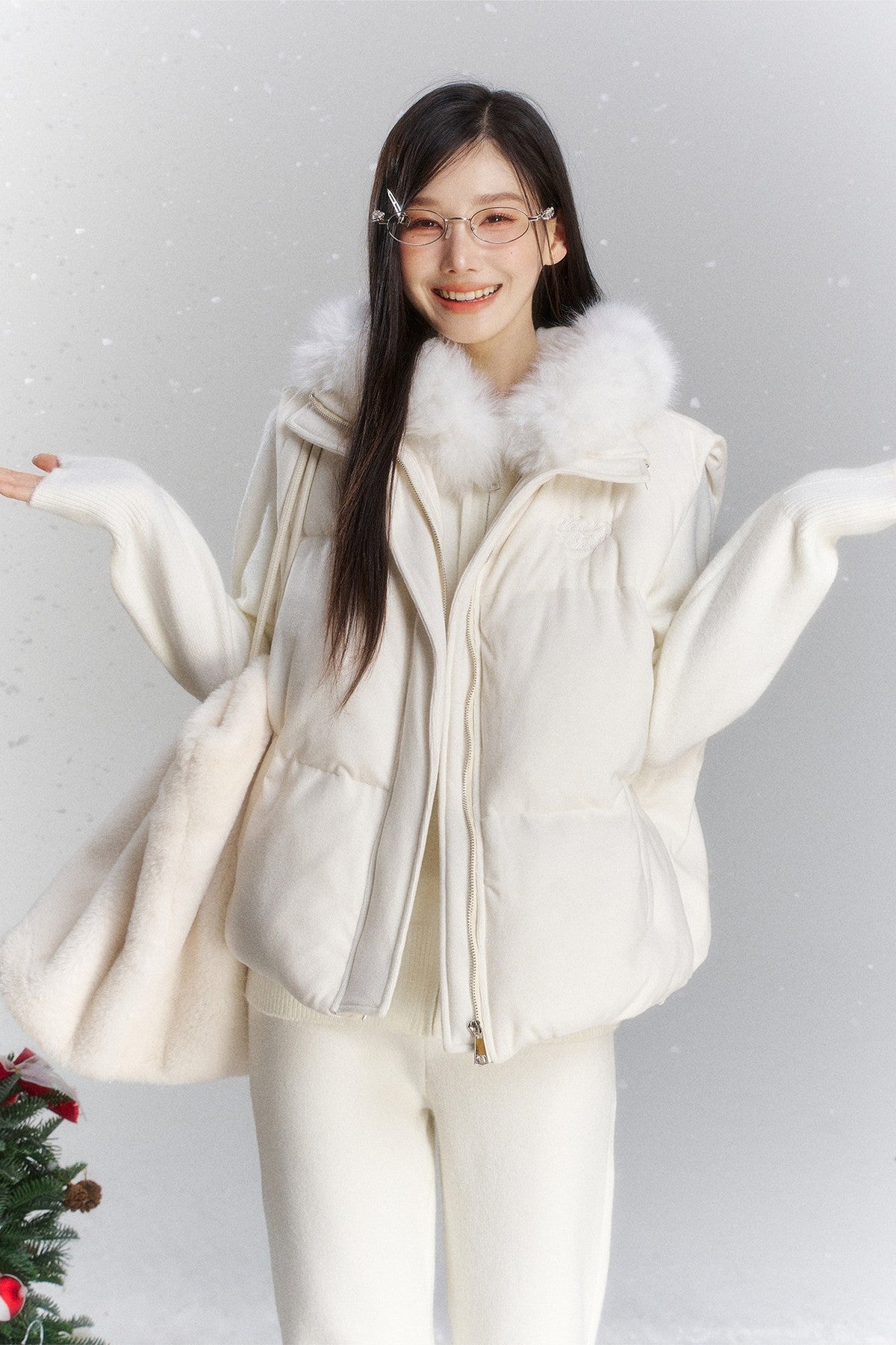 Embroidered Hooded Fur Collar Cardigan Jacket Set-Up