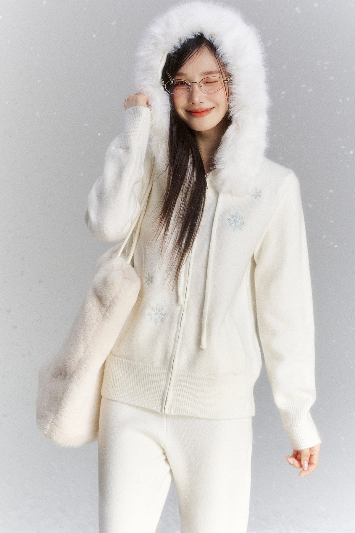 Embroidered Hooded Fur Collar Cardigan Jacket Set-Up