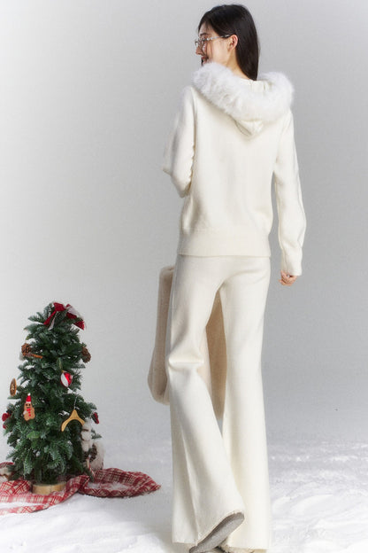 Embroidered Hooded Fur Collar Cardigan Jacket Set-Up