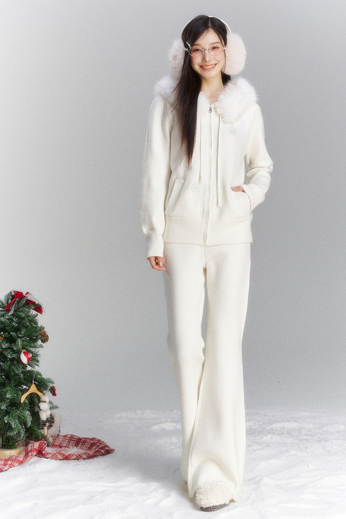 Embroidered Hooded Fur Collar Cardigan Jacket Set-Up