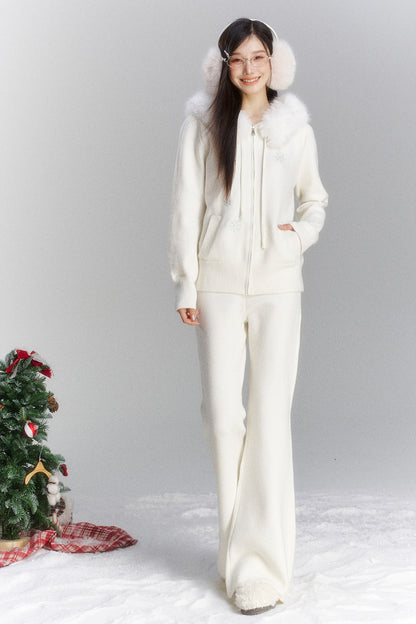 Embroidered Hooded Fur Collar Cardigan Jacket Set-Up