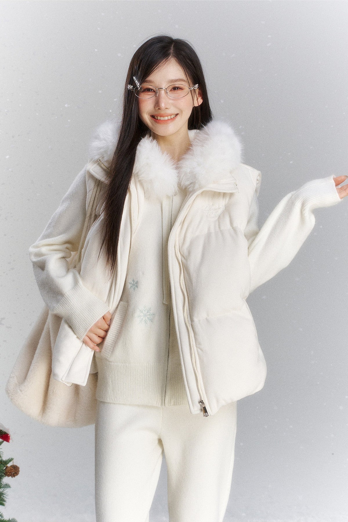 Embroidered Hooded Fur Collar Cardigan Jacket Set-Up