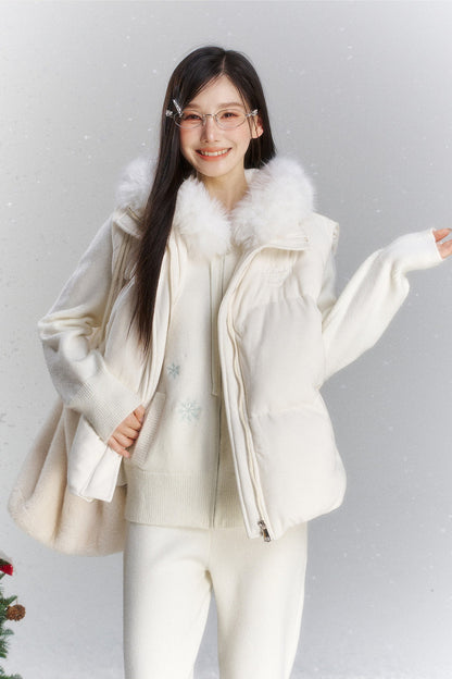 Embroidered Hooded Fur Collar Cardigan Jacket Set-Up