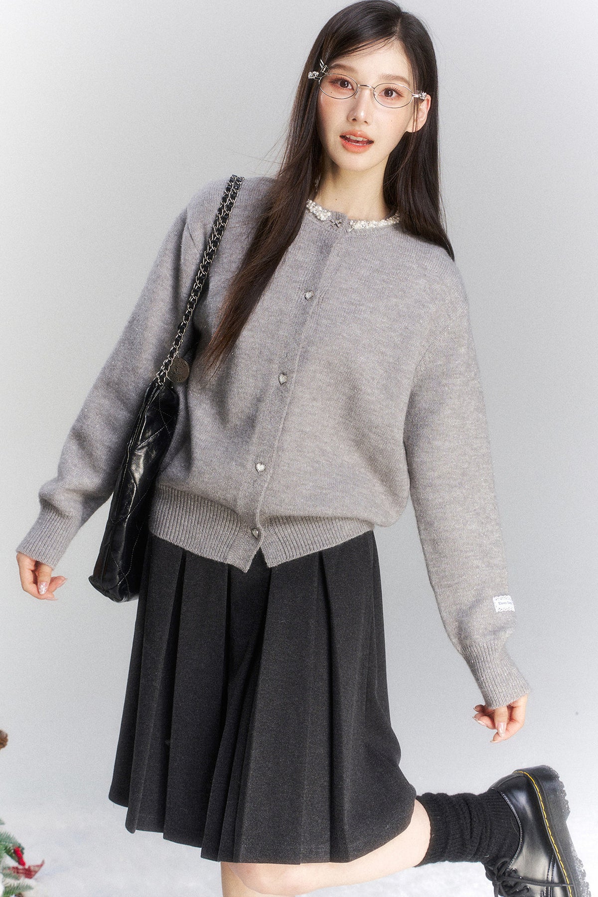 Lace Trim Knit Cardigan and Skirt Set-Up