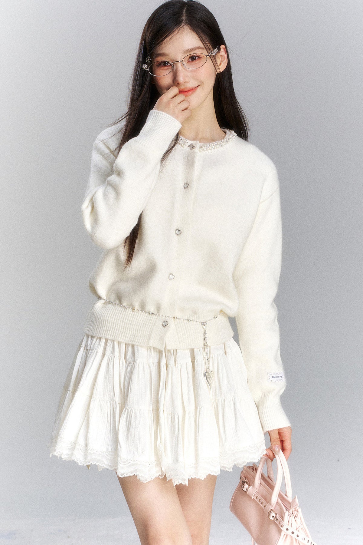Lace Trim Knit Cardigan and Skirt Set-Up