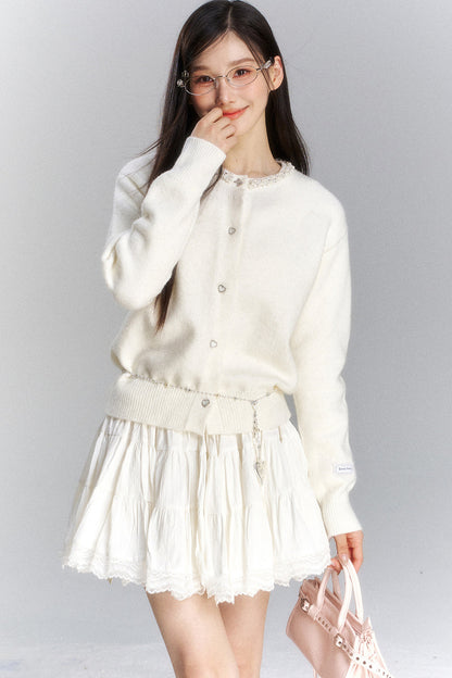 Lace Trim Knit Cardigan and Skirt Set-Up