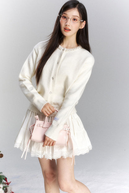 Lace Trim Knit Cardigan and Skirt Set-Up