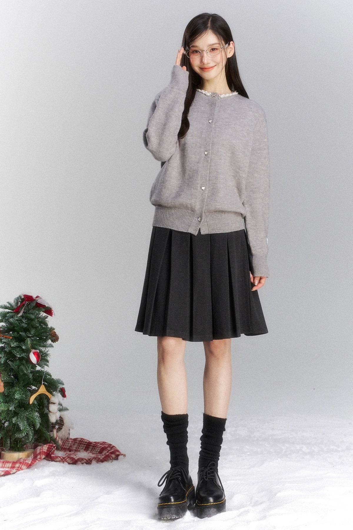 Lace Trim Knit Cardigan and Skirt Set-Up