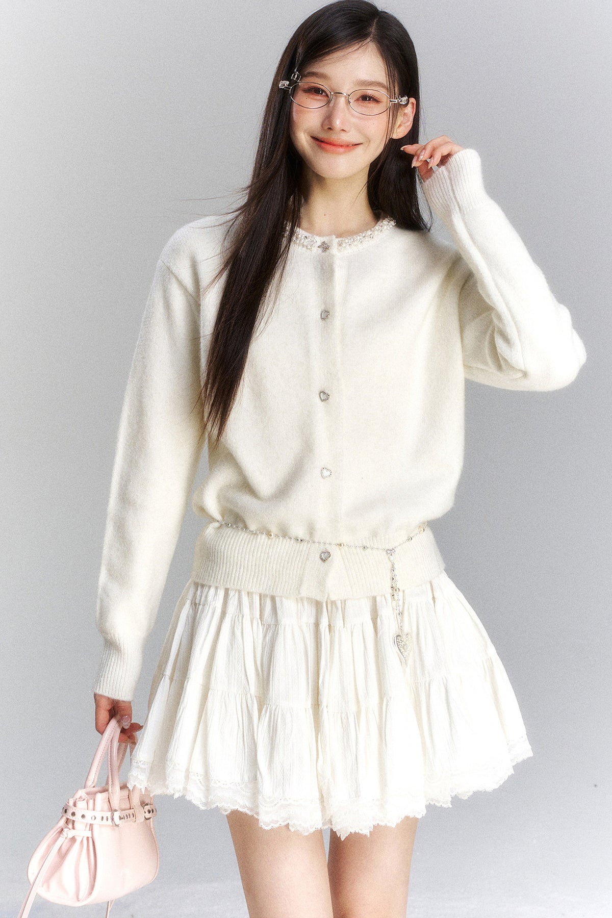 Lace Trim Knit Cardigan and Skirt Set-Up