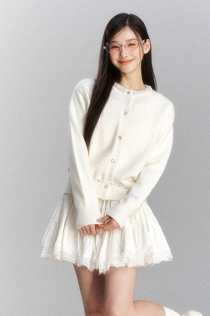 Lace Trim Knit Cardigan and Skirt Set-Up