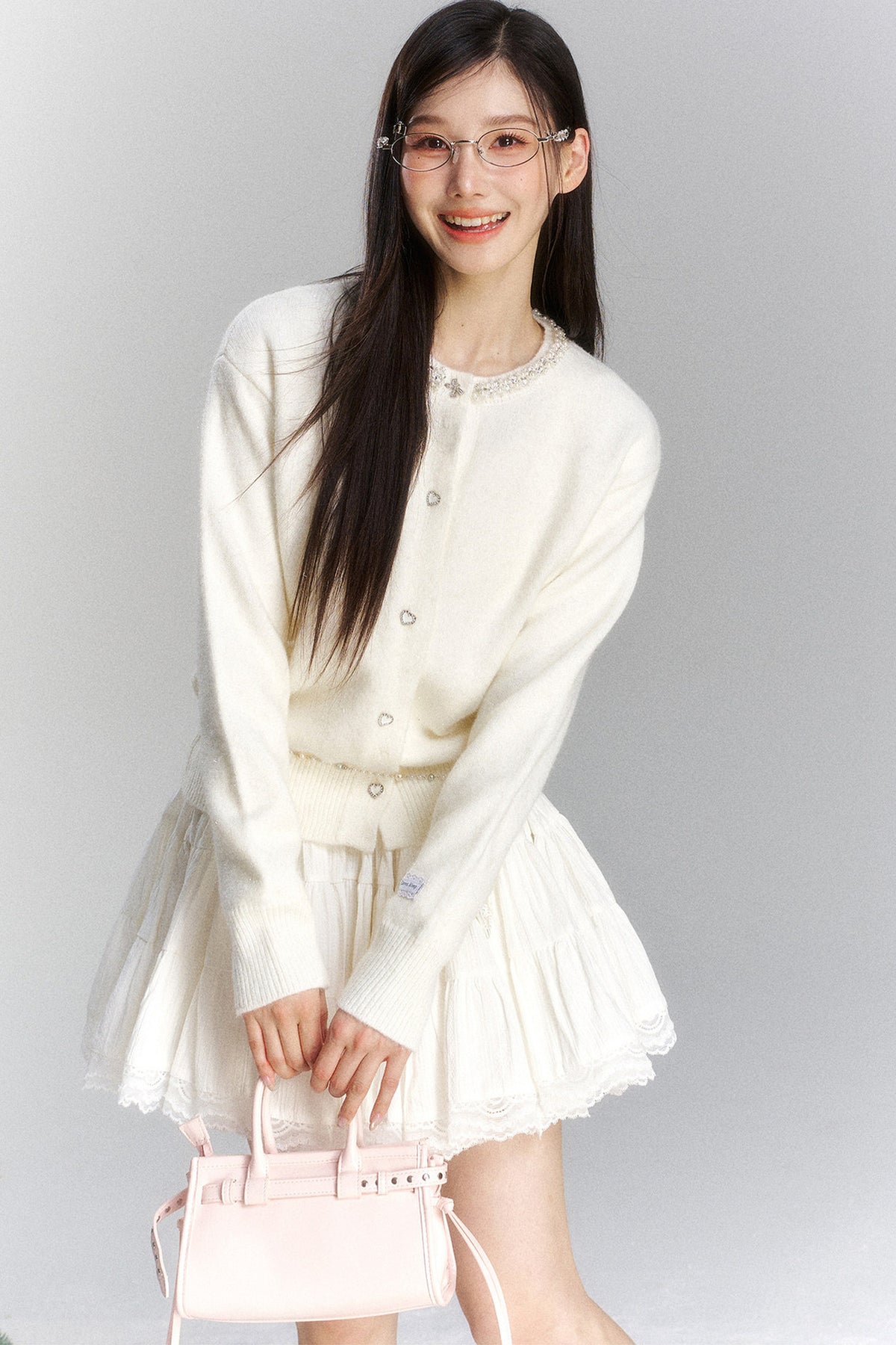 Lace Trim Knit Cardigan and Skirt Set-Up