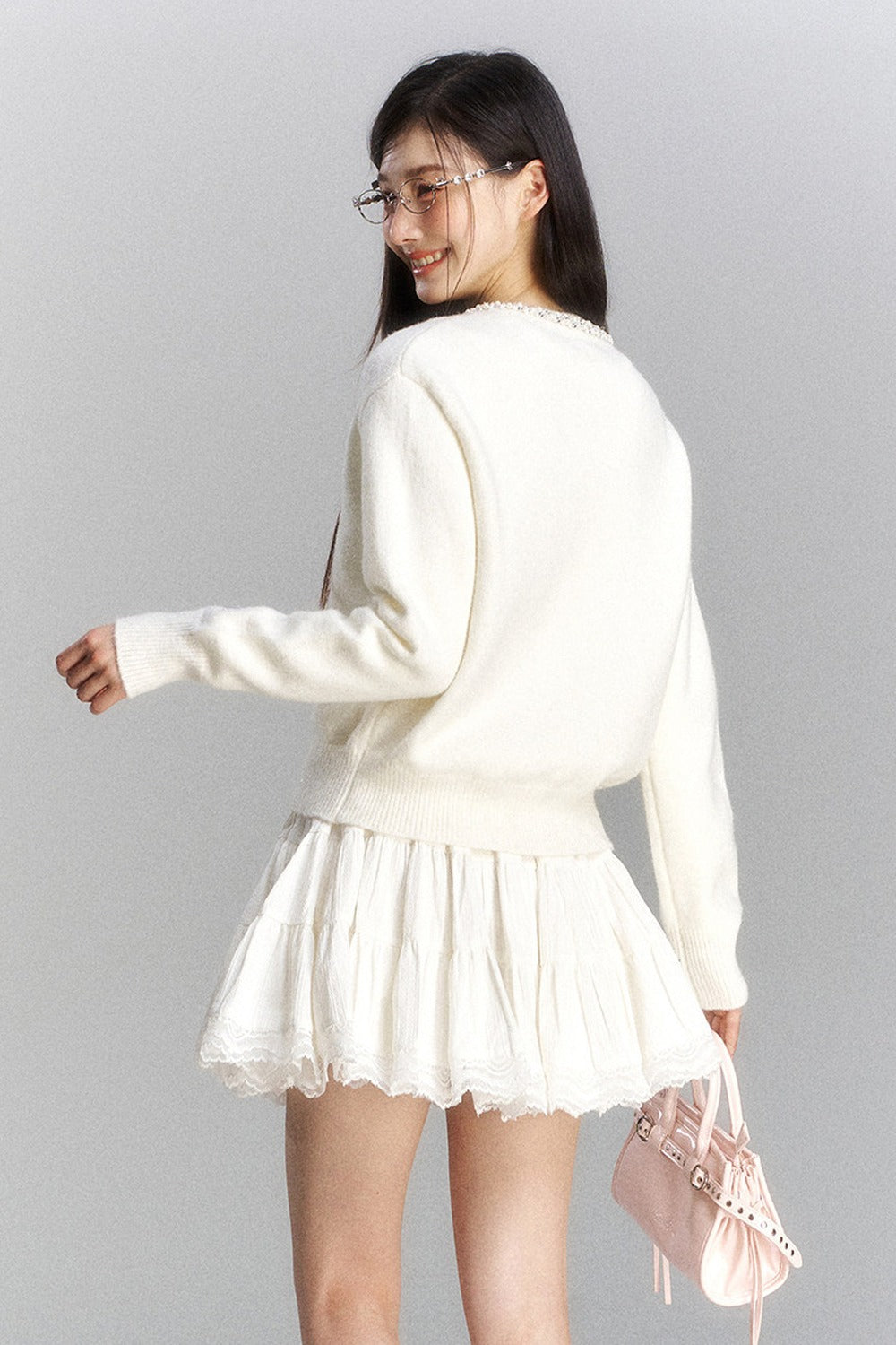 Lace Trim Knit Cardigan and Skirt Set-Up