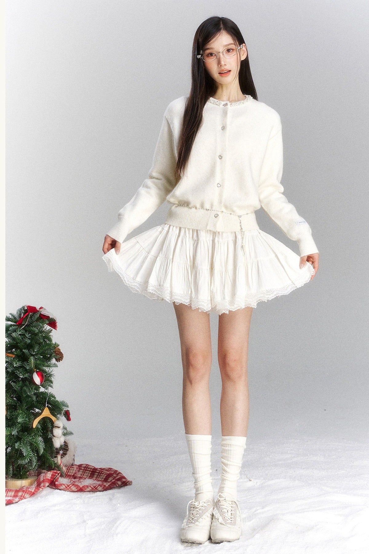 Lace Trim Knit Cardigan and Skirt Set-Up