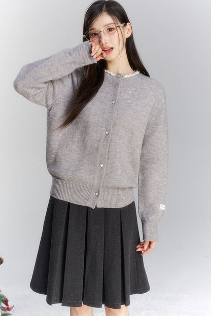 Lace Trim Knit Cardigan and Skirt Set-Up