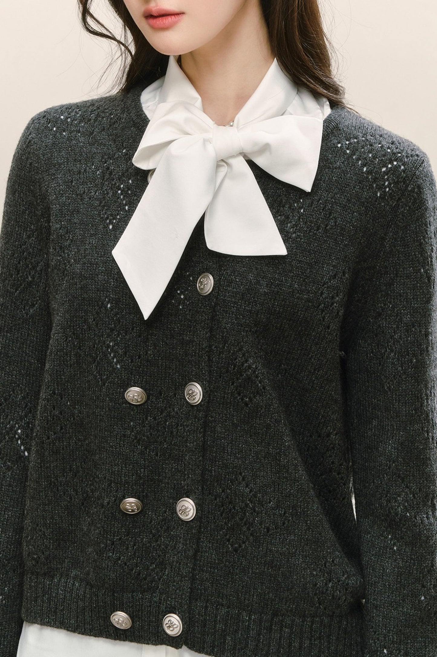 Gray Double-Breasted Knit Jacket Bow Tie Shirt Set-Up