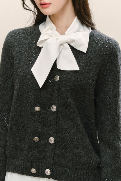 Gray Double-Breasted Knit Jacket Bow Tie Shirt Set-Up