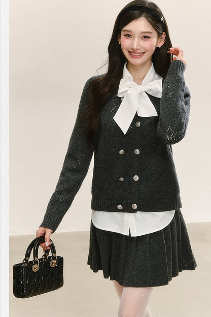 Gray Double-Breasted Knit Jacket Bow Tie Shirt Set-Up