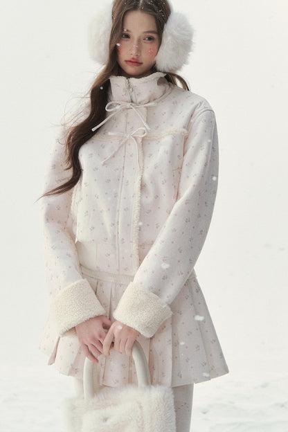 Floral Corduroy Lambswool Patchwork Jacket and Pleated Skirt Set-Up