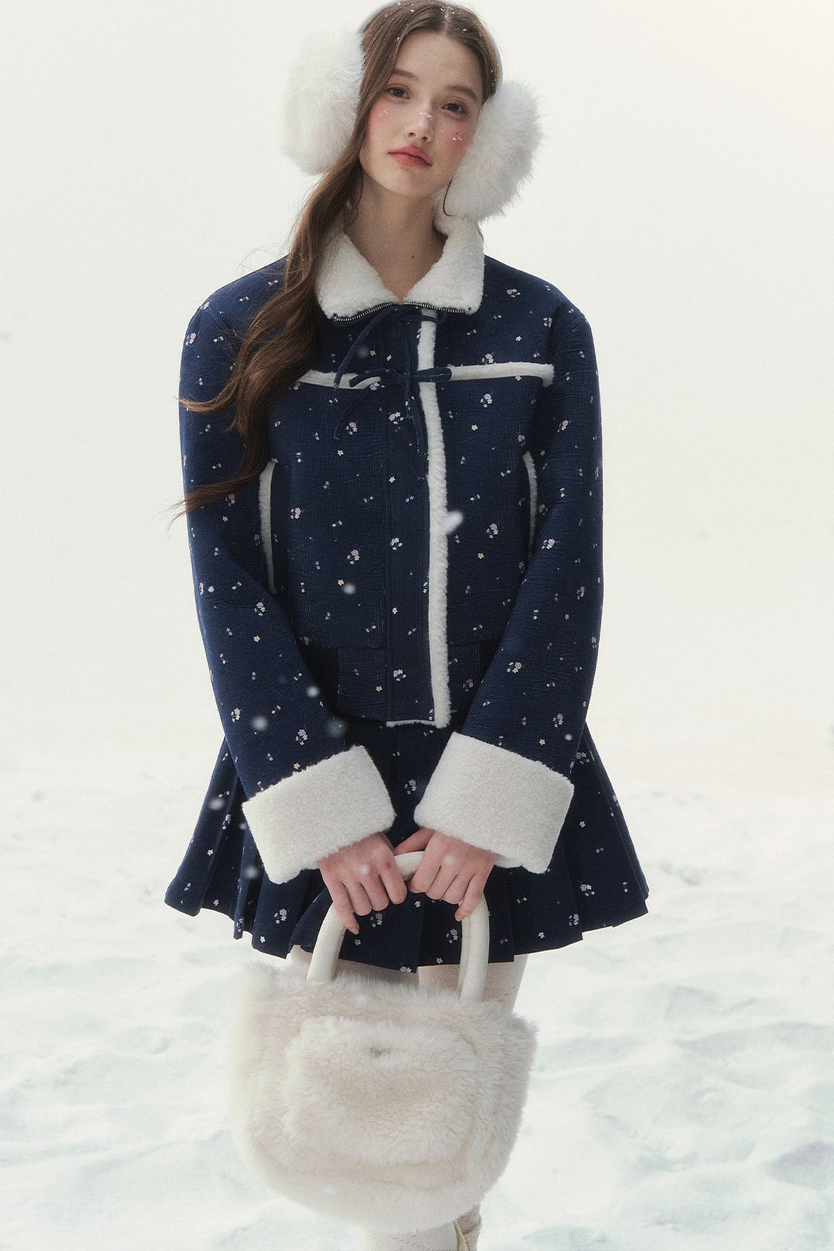 Floral Corduroy Lambswool Patchwork Jacket and Pleated Skirt Set-Up
