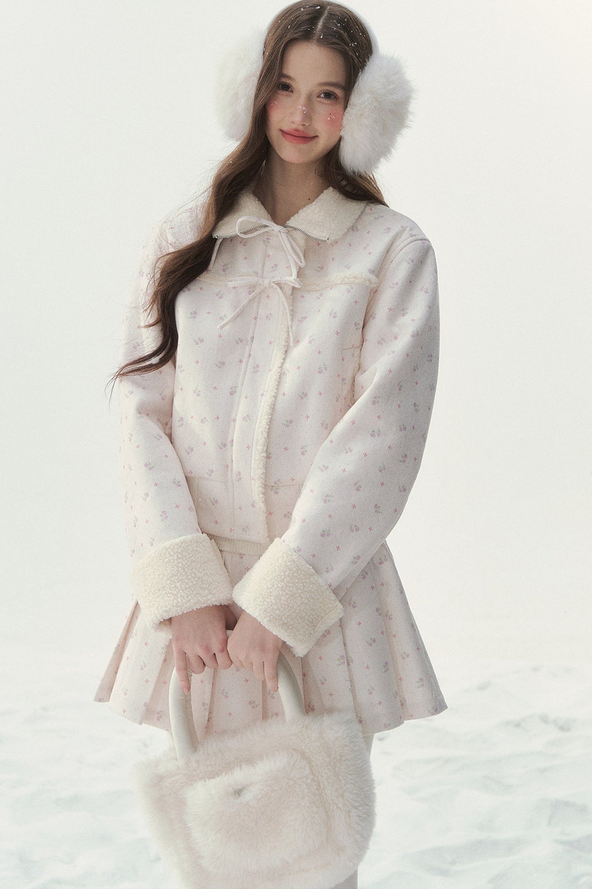 Floral Corduroy Lambswool Patchwork Jacket and Pleated Skirt Set-Up
