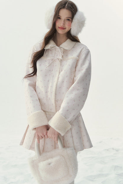 Floral Corduroy Lambswool Patchwork Jacket and Pleated Skirt Set-Up