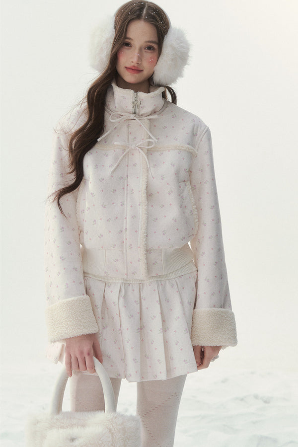 Floral Corduroy Lambswool Patchwork Jacket and Pleated Skirt Set-Up